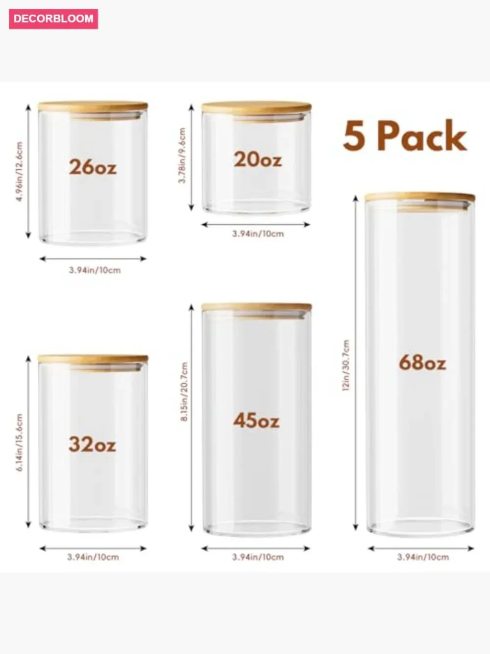 5-Pack Glass Jars with Bamboo Lids, Airtight Kitchen Canisters